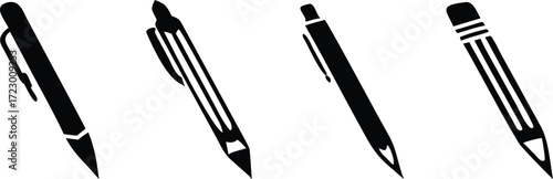 A modern vector icon set featuring pens, pencils, and markers, suitable for writing and drawing designs. 
