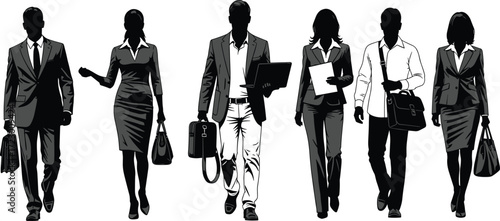 Business professionals silhouettes walking with briefcases, corporate lifestyle illustration, office career concept, professional attire design, workplace business artwork