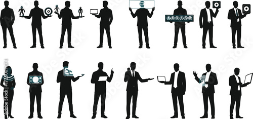 Business professionals silhouettes with digital technology icons, global connectivity illustration, teamwork and innovation artwork, corporate communication design concept