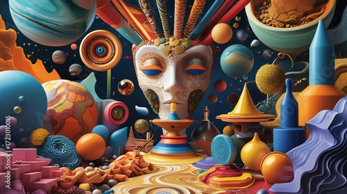 Surreal cosmic abstract digital artwork of human face sculpture surrounded by colourful planets, geometric objects, and imaginative shapes. Vibrant composition with dreamlike creativity. 
