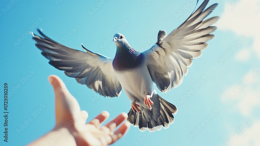 Obraz premium A pigeon flying towards an outstretched hand.