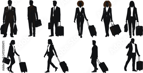 Business travelers silhouettes with luggage, corporate mobility illustration, professional travel artwork, office lifestyle design, business trip concept