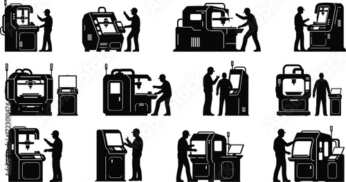 CNC machine operator silhouettes, industrial automation illustration, milling and lathe design, modern manufacturing artwork, precision engineering production concept