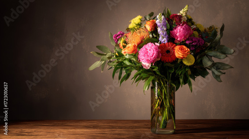 Wallpaper Mural Vibrant bouquet of assorted flowers including roses and gerbera daisies arranged in a glass vase on a wooden table against a textured background creating a warm atmosphere. Torontodigital.ca