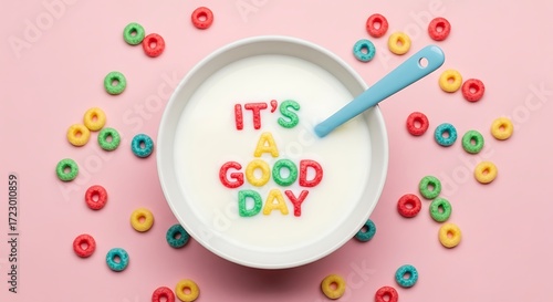 Colorful cereal spells out its a good day in a bowl of milk