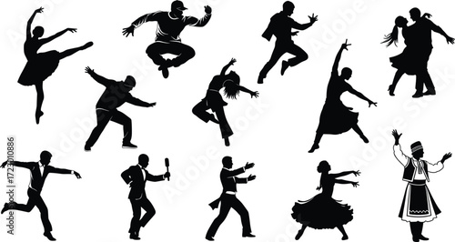 Dance silhouettes, ballet, hip hop, ballroom, folk dance, cultural performance, music, rhythm, movement, energy, art, expression, celebration, diversity
