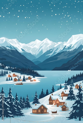 winter landscape with lake and mountains