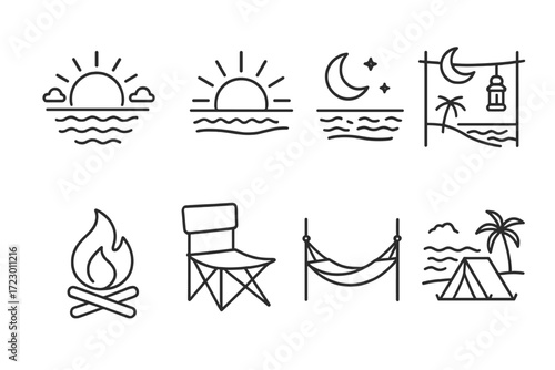 Camping and outdoor icon set featuring sunsets, moon, fire, chair, hammock, tent