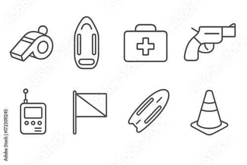 Outline icons of lifeguard equipment and safety tools