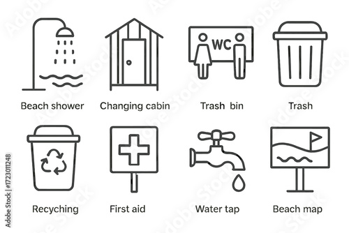 Beach icons: shower, changing cabin, trash bin, recycling, first aid, water tap, beach map