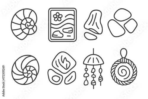Minimalist line art of nautical and nature-inspired objects