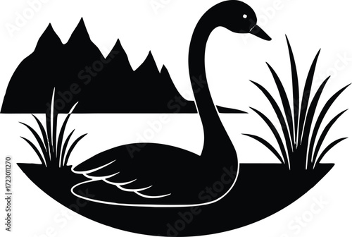 black swan on the lake Black swan silhouette on lake mountains nature