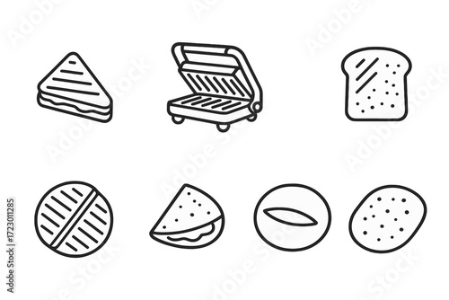 Line art of sandwich maker and various bread types for culinary design
