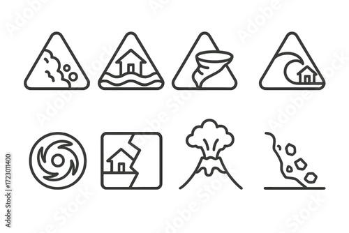 Set of disaster warning icons: avalanche, flood, tornado, and earthquake symbols