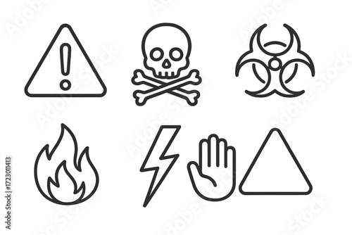 Danger sign icons: hazard, skull, biohazard, flame, lightning, caution