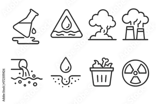 Pollution and hazard symbols: toxic waste, emissions, radioactive sign, water contamination
