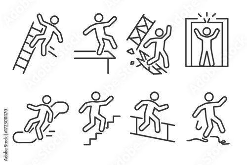 Safety hazard icons: falling, slipping, tripping, and collision risks