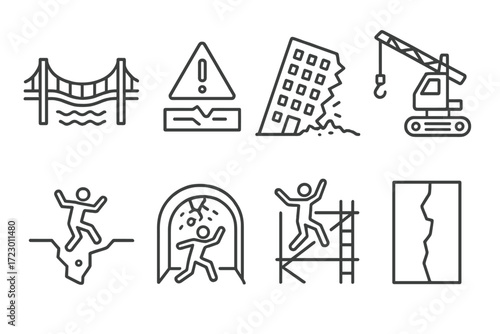 Earthquake safety icons: bridge, warning, falling, rescue equipment, cracks, cranes