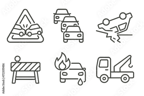 Road safety icons: car accident, traffic jam, barrier, fire, tow truck