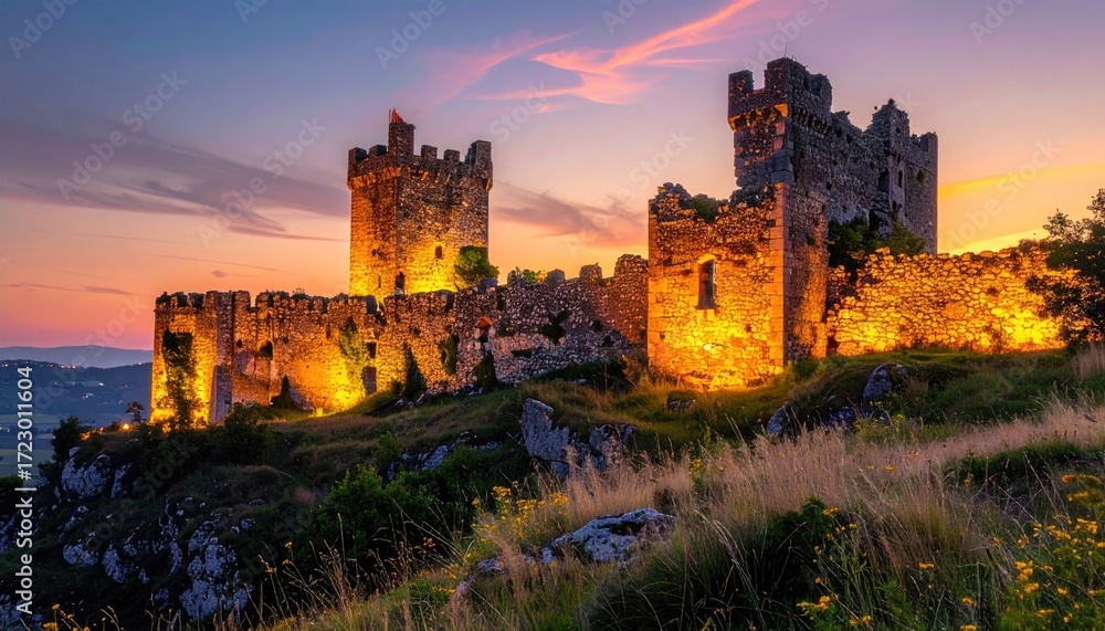 Fototapeta premium Illuminated Medieval Castle Ruins on Hilltop at Twilight with Dramatic Sky and Golden Light at Dusk, Scenic Landscape in Warm Hues