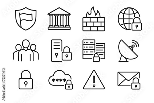 National Cybersecurity Icons. National Cybersecurity. Line outline icon set of National Cybersecurity: shield