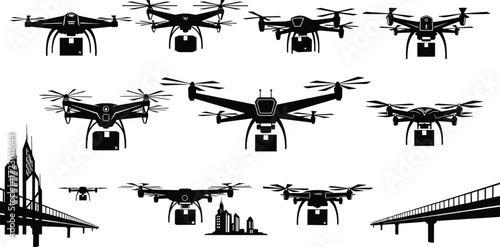 Drone illustrations, aerial technology, quadcopter designs, urban infrastructure, cityscape surveillance, futuristic transport, 