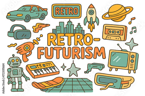 Retro-Futuristic Dreamscape. Retro-Futurism. Hand-drawn doodle illustration of Retro-Futurism. Flying car,