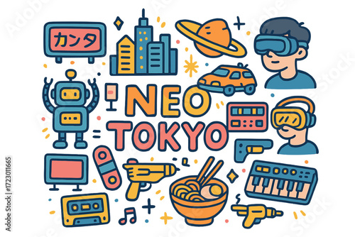 Neo Tokyo Doodle. Neo Tokyo. Hand-drawn doodle illustration of Neo Tokyo. Neon sign, skyscraper skyline,
