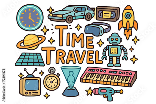 Time Travel Doodles. Time Travel. Hand-drawn doodle illustration of Time Travel. Neon clock, retro car,