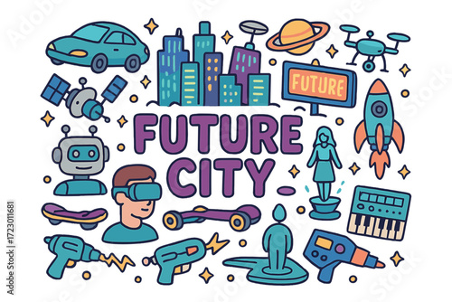 Futuristic Doodle Cityscape. Future City. Hand-drawn doodle illustration of Future City. Flying cars, neon