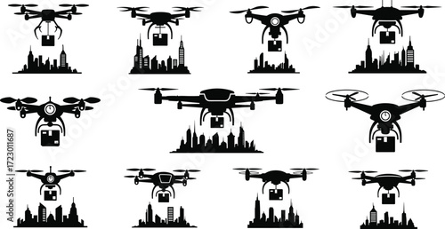 Drone delivery silhouettes, urban logistics, city skyline, aerial transport, quadcopter package, futuristic shipping, smart technology, modern logistics, aviation design, innovation