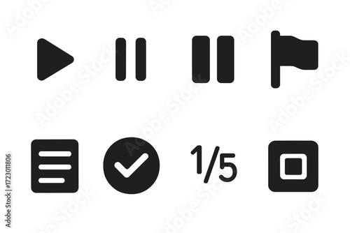 Test Navigation Icons. Test navigation. Filled icon set of Test navigation: next button, back button, pause