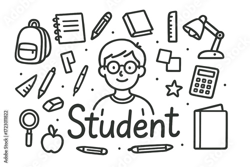 Student Doodle Icons. Student. Hand-drawn doodle illustration of a student. In the middle, one slightly larger