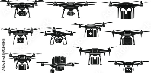 Drone illustrations, quadcopter designs, aerial technology, delivery drones, surveillance, photography, futuristic aviation, smart logistics, transport innovation, modern UAV, black silhouettes