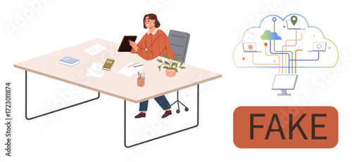Professional woman looks at tablet in office, cloud computing paths connect devices. Fake content alert raises awareness. Ideal for AI ethics, workplace technology, misinformation, cybersecurity
