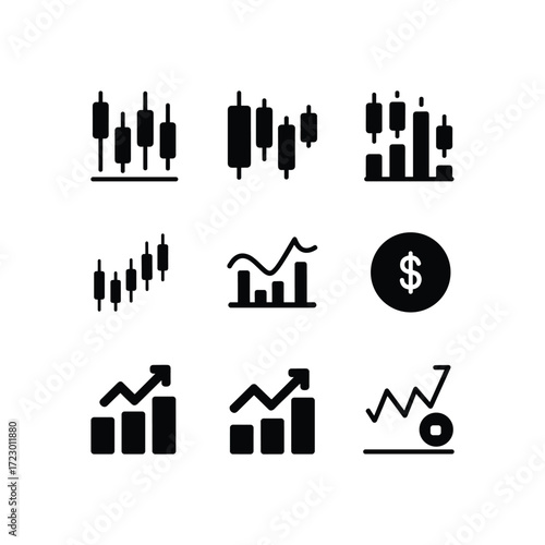 Set of financial trading and stock market analysis icons candlestick charts graphs and dollar symbol