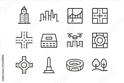 Urban Aerial Icon Set. Urban Aerial Views. Line outline icon set of Urban Aerial Views: skyscraper, city