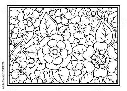 Outline floral pattern in mehndi style for coloring book page. Antistress for adults and children. Doodle ornament in black and white. Hand draw vector illustration.