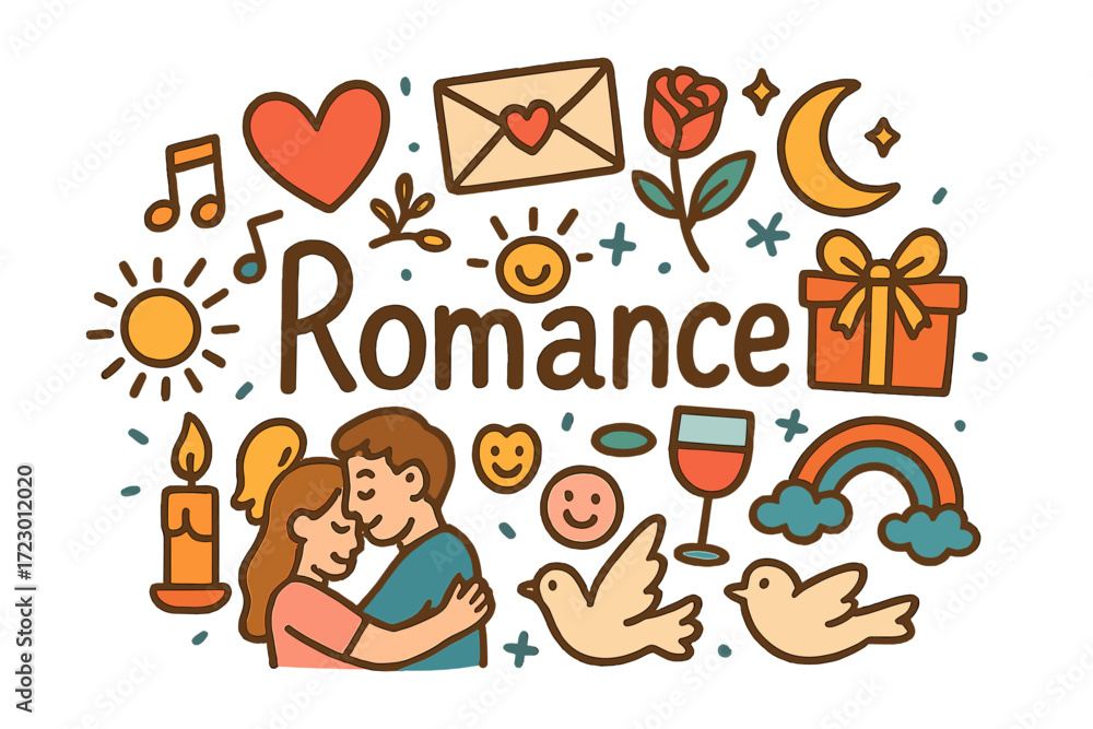 Naklejka premium Romantic Doodle Extravaganza. Romance. Hand-drawn doodle illustration of Romance. Heart, love letter, rose,