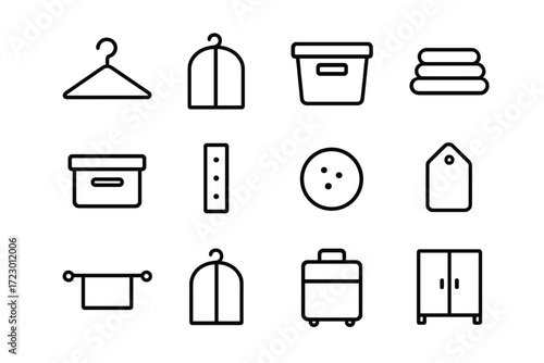 Closet Icons Set. Closet Essentials. Line outline icon set of Closet Essentials: coat hanger, garment bag,