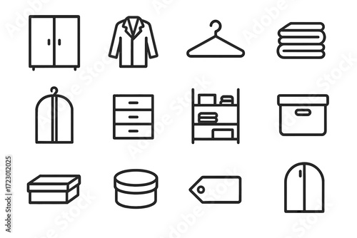Wardrobe Icon Set. Wardrobe Organization. Line outline icon set of Wardrobe Organization: closet, coat, hanger