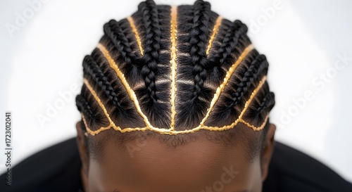 Detailed view of intricate black braids with shiny gold accents african beauty fashion culture style pattern