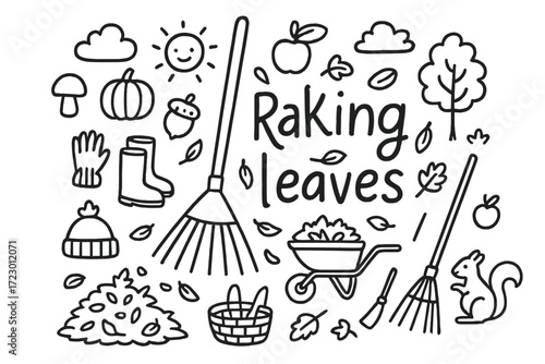 Doodle Leaf Raking. Raking leaves. Hand-drawn doodle illustration of raking leaves. In the middle, one