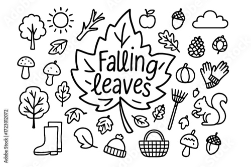 Falling Leaves Doodle. Falling leaves. Hand-drawn doodle illustration of falling leaves. In the middle, one
