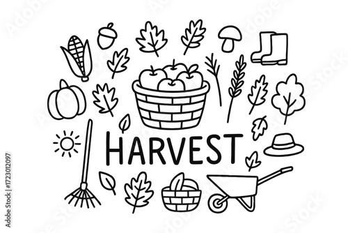 Harvest Doodle Collage. Harvest. Hand-drawn doodle illustration of harvest. In the middle, one slightly larger
