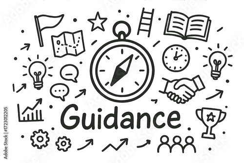 Doodle Guidance Compass. Guidance. Hand-drawn doodle illustration of guidance. In the middle, one slightly