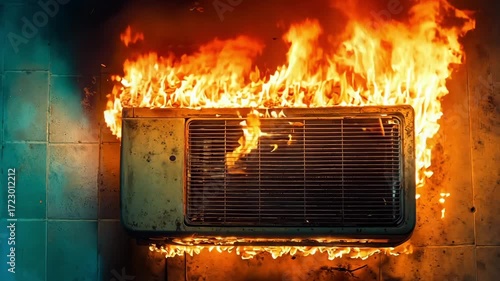 A burning air conditioner sitting on top of a tiled floor
