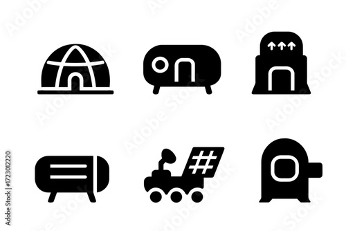 Space Habitat Icons. Habitat modules. Filled icon set of Habitat modules: space dome, living pod, greenhouse