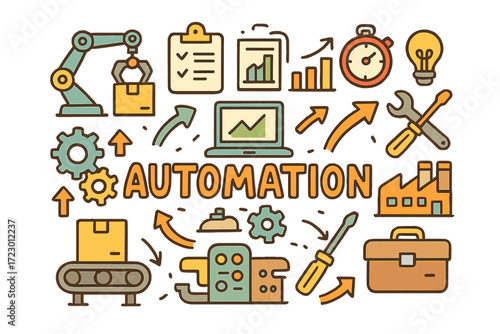 Automation Doodle Art. Automation. Hand-drawn doodle illustration of Automation. Robot arm, gears, conveyor
