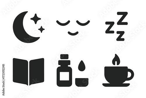 Healthy Sleep Icons. Healthy sleep. Filled icon set of Healthy sleep: moon, stars, closed eyes face, zzz